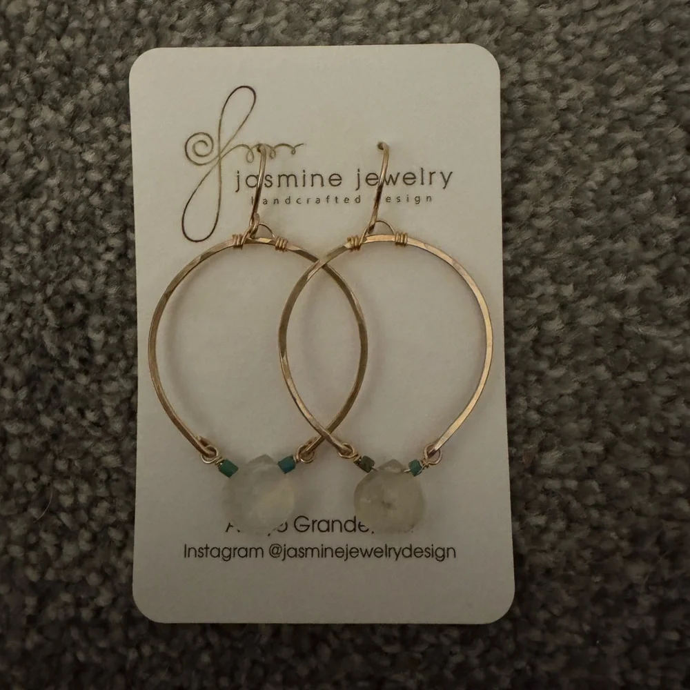 New Gold Hoop Earrings with Green Accents and Clear Rhinestone